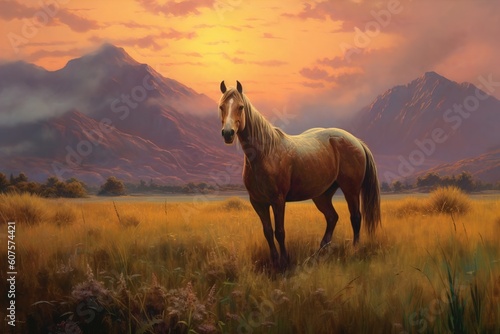 Painting powerful horses among sunset meadows.