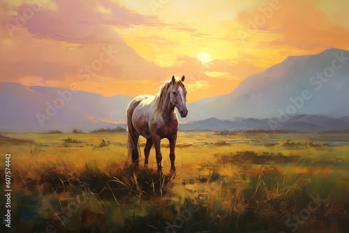 Painting powerful horses among sunset meadows. © TULA