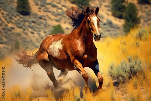 A powerful brown horse is running.