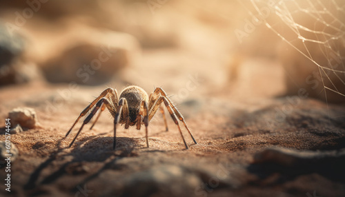 Hairy tarantula crawls on yellow spider web generated by AI