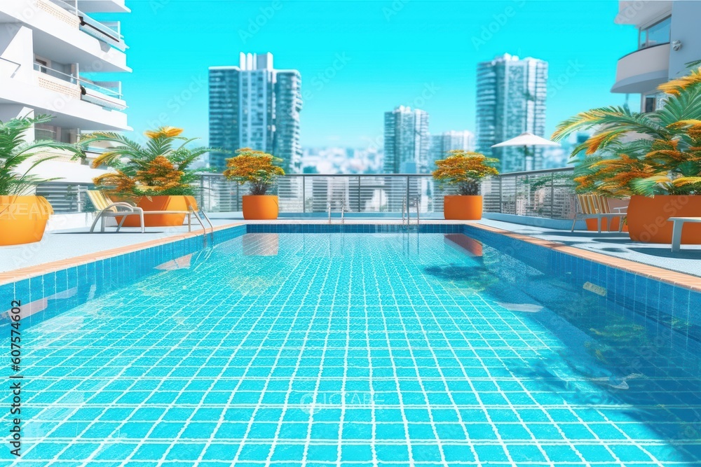 stock photo of swimming pool on the apartment urban view photography Generative AI