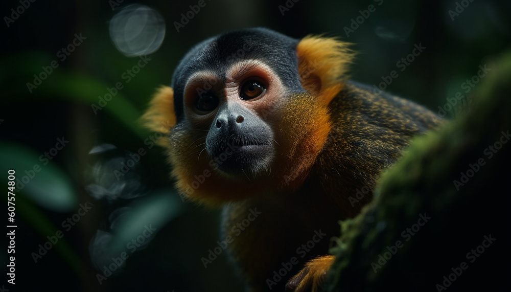 Cute primate in tropical forest, staring at camera generated by AI Cute primate in tropical forest, staring at camera generated by AI