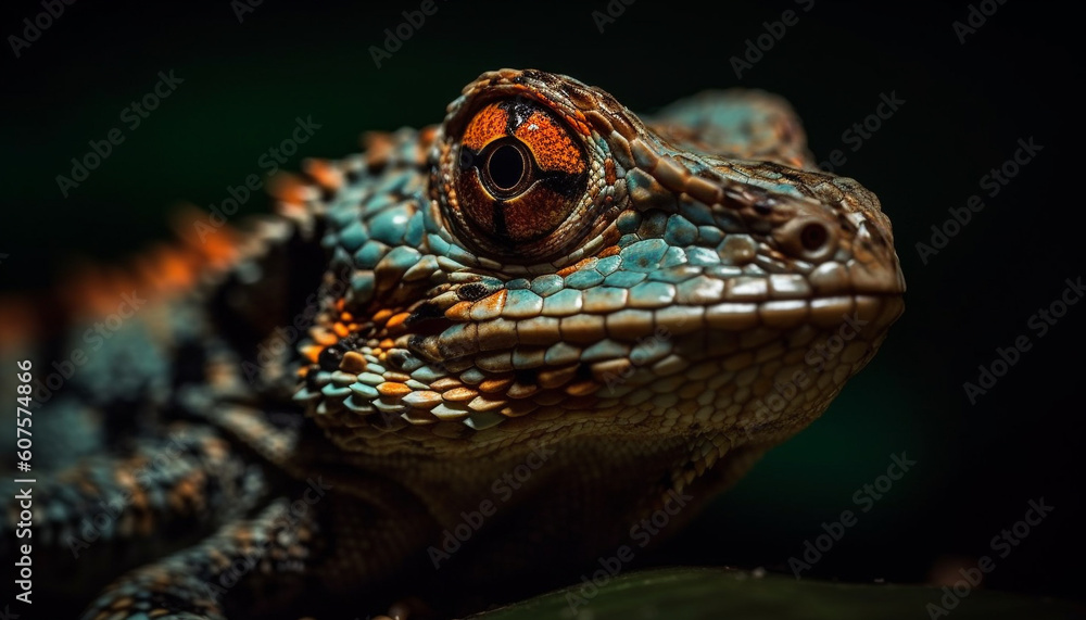 Green gecko staring, portrait in nature generated by AI Green gecko staring, portrait in nature generated by AI