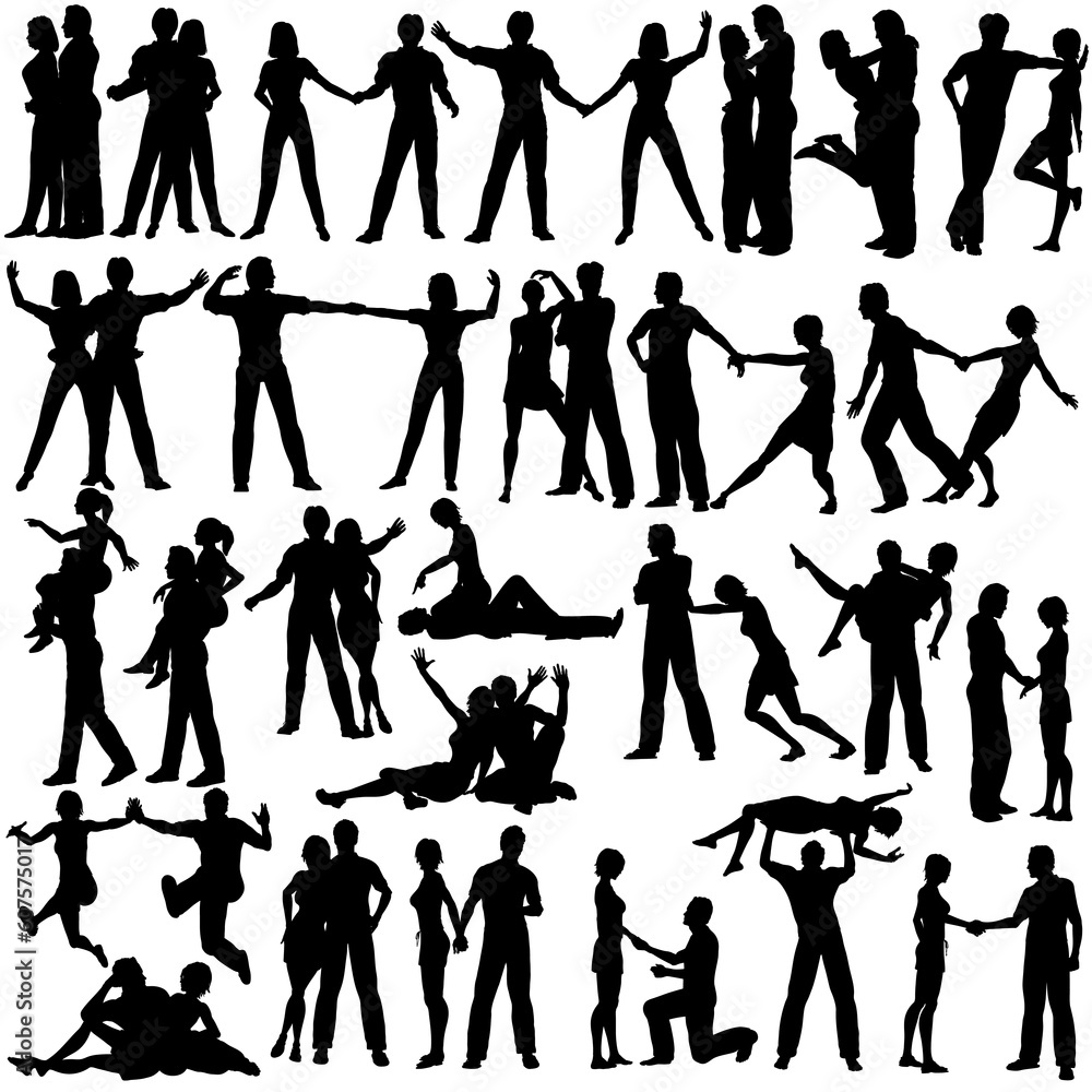 Set of editable vector silhouettes of man and woman couples with every figure as a separate object Set of editable vector silhouettes of man and woman couples with every figure as a separate object