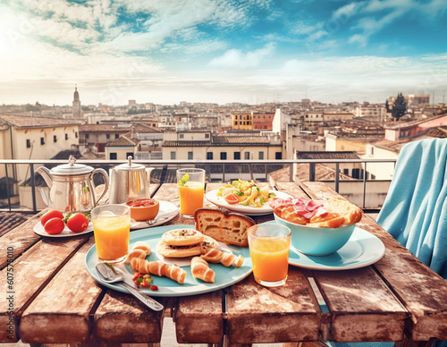 Delicious summer breakfast on amazing rooftop in old city. Created with generative Ai