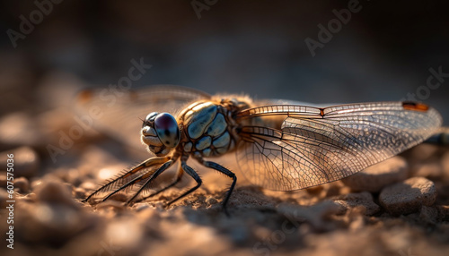 Dragonfly resting on green plant in sunlight generated by AI