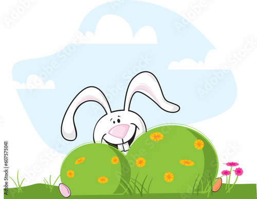 Cartoon vector easter bunny hiding behind a bush