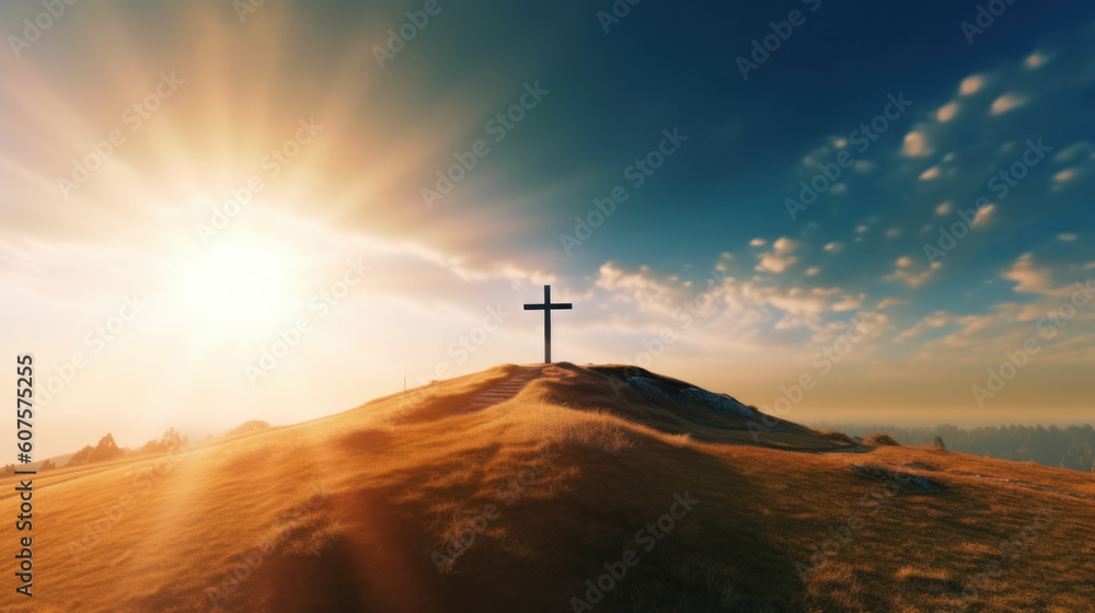 christian cross on top of the hill with sky background anf god rays christian cross on top of the hill with sky background anf god rays