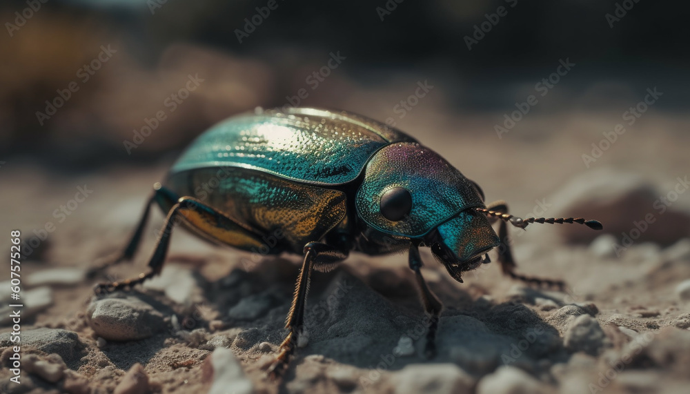 Metallic scarab beetle crawls on green leaf generated by AI Metallic scarab beetle crawls on green leaf generated by AI