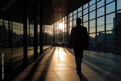 Silhouette of a businessman walking in the business district, created with AI, generative AI, AI 