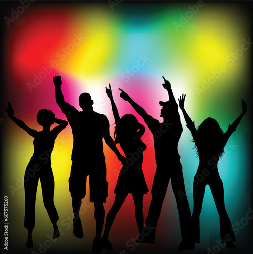 Silhouettes of people dancing on colourful background