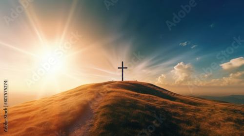 christian cross on top of the hill with sky background anf god rays