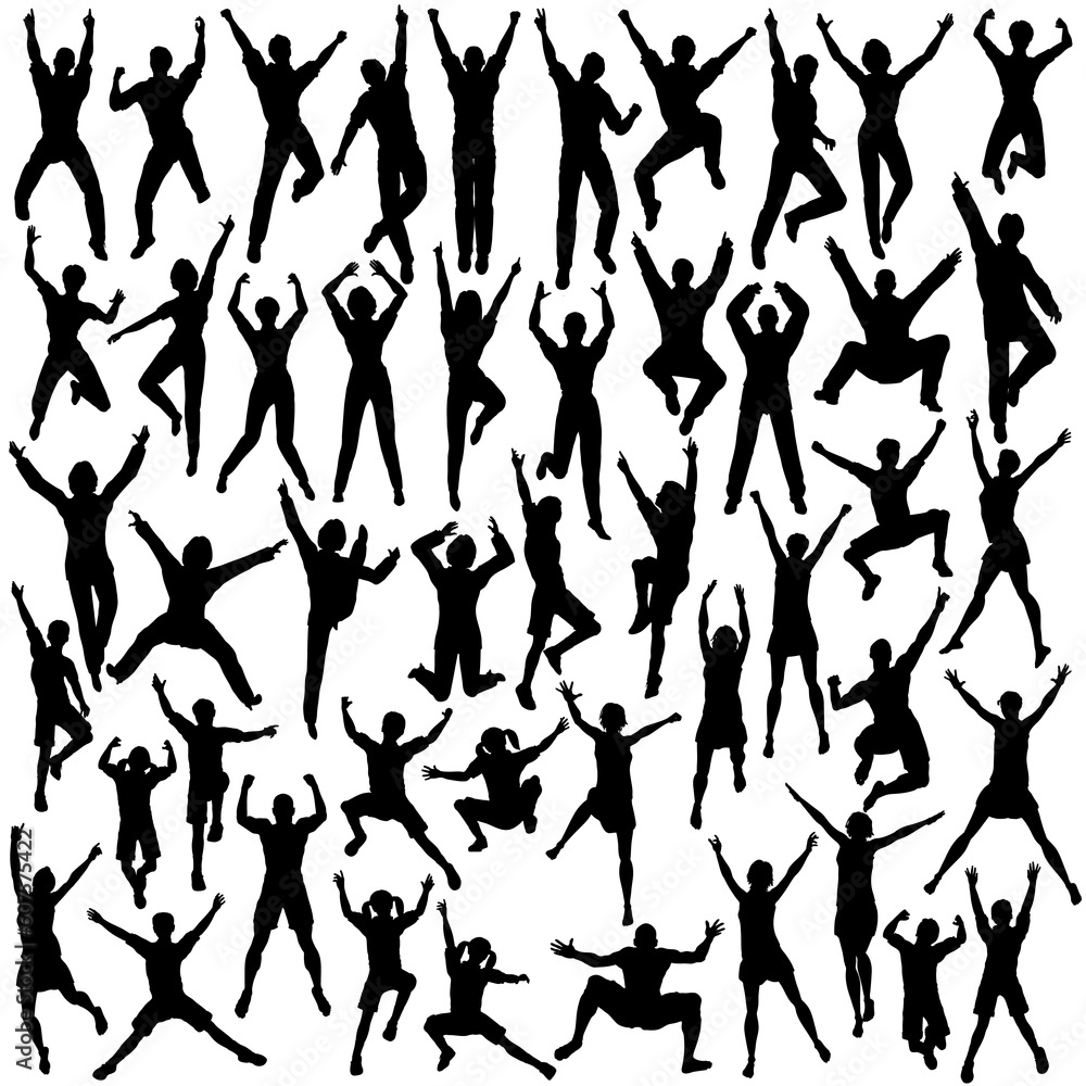 Set of editable vector silhouettes of people jumping and celebrating