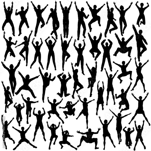 Set of editable vector silhouettes of people jumping and celebrating