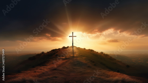 christian cross on top of the hill with sky background anf god rays