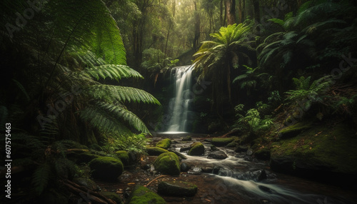 Tranquil scene of flowing water in forest generated by AI