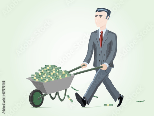 businessman pushing cart full of money