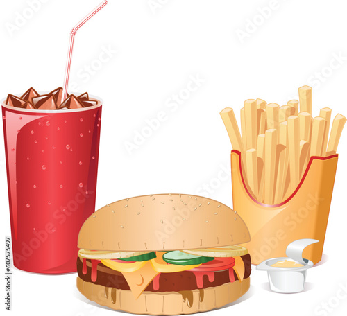 Classic fastfood meal with a cheeseburger, a glass of ice cola, fry potato and a sauce.