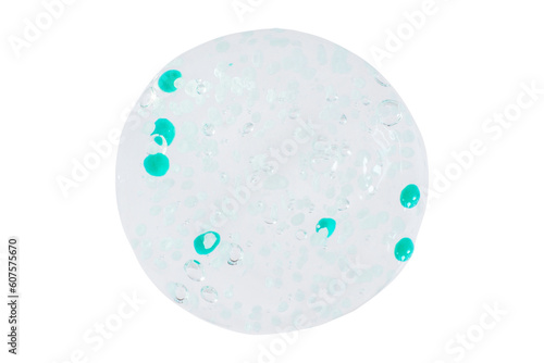 smears and drops of transparent gel with blue granules. On a blank background. PNG