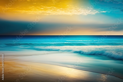 Lovely abstract seascape in the spring or summer. A beach with golden sand, a blue water, a cloudy sky, and a sunset can be seen in the distance. Generative AI © 2rogan