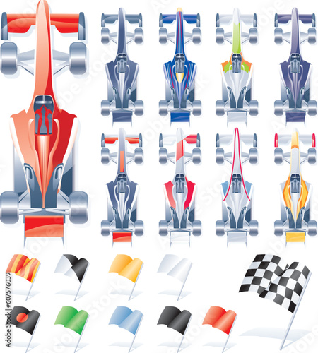 Different formula cars color schemes and racing flags
