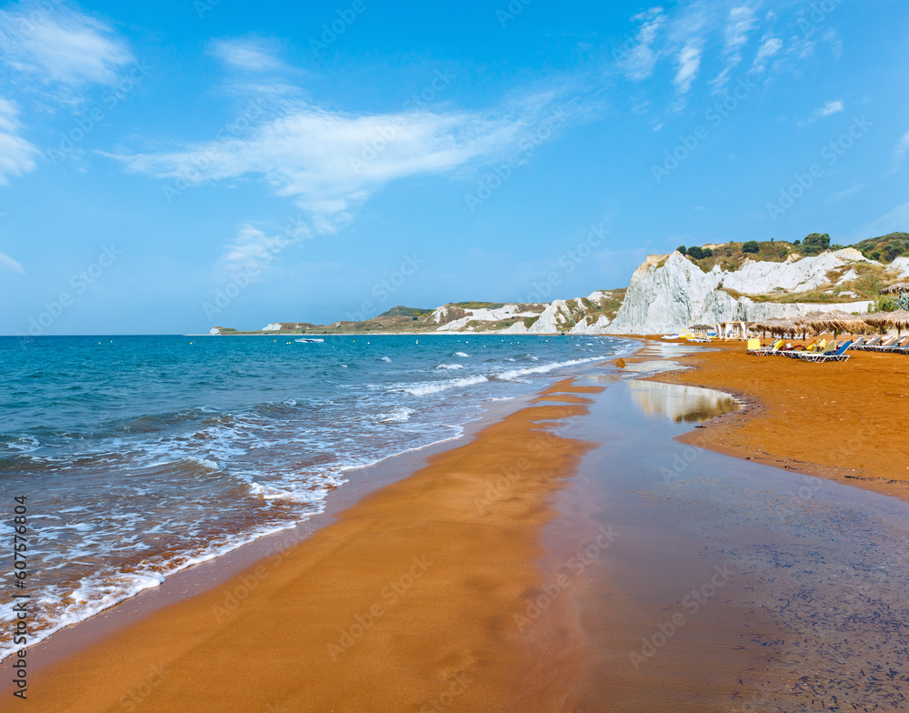 Xi Beach with red-orange sand. Morning view (Greece, Kefalonia). Ionian Sea.
