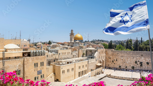 Photo Jerusalem, Israel; May 28, 2023 - An Israeli flag blows in the wind as jewish o