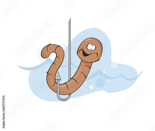 worm on fishing hook looking frightened at what's happening