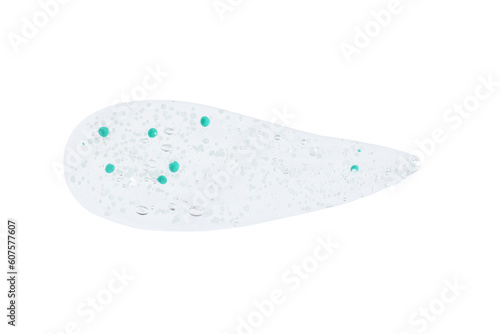 smears and drops of transparent gel with blue granules. On a white background. © MM