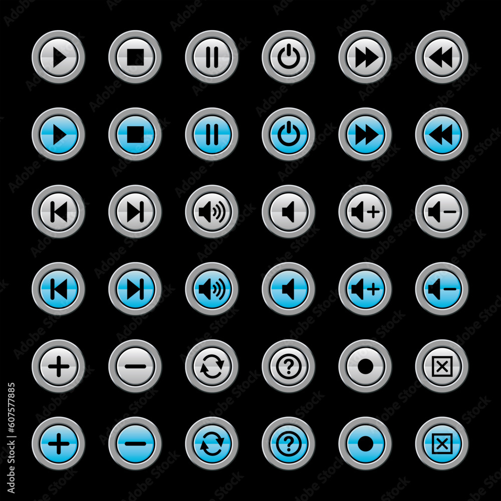 media player icons and symbols, each with on and off states. media player icons and symbols, each with on and off states.