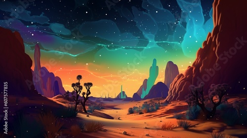 Galactic Oasis: Surreal Desert Landscape with Nebula-Lit Oasis