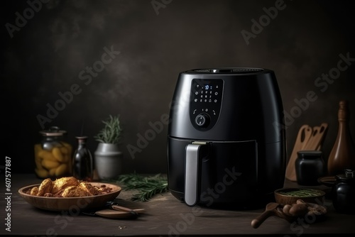 Sleek Kitchen Innovation: Black Air Fryer or Oil-Free Fryer Appliance Enhancing the Wooden Worktop © GalleryGlider