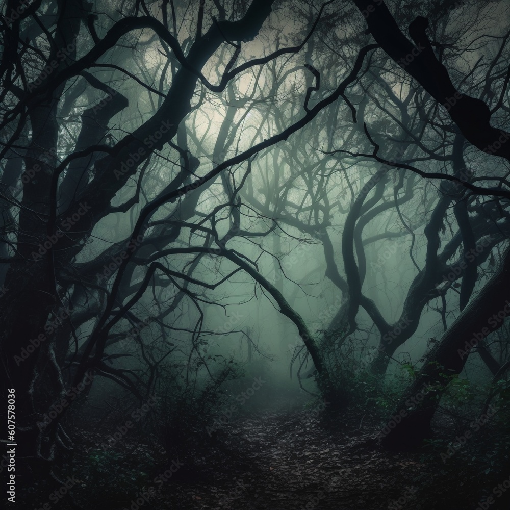 Eerie Moonlit Forest: Twisted Shadows and Ominous Atmosphere in the Moon's Glow