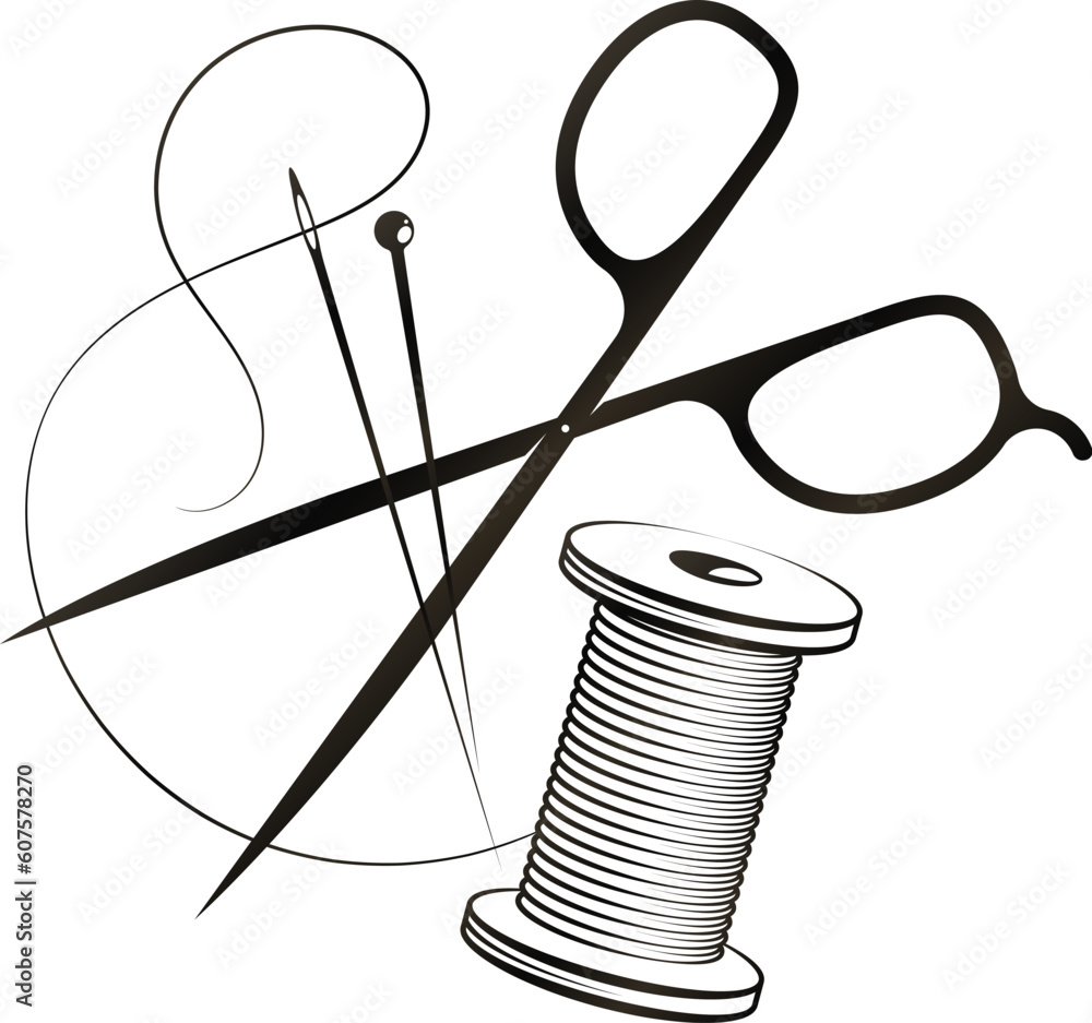 Scissors needle hairpin and spool of thread. Design for cutting and