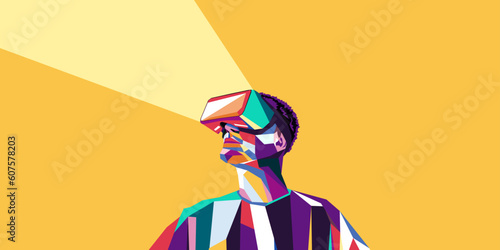 Vector illustration of a man wearing virtual reality glasses. The concept of modern technology. In modern art style.