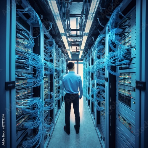 From the back Engineer manager of WAN data center. The engineer in a data processing center of ISP Internet Service Provider hold fiber patch cords directly. 