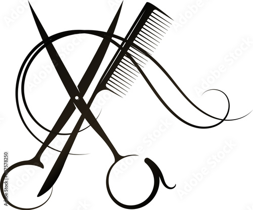 Comb scissors and curls of hair. Design for a beauty salon