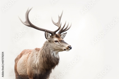 Regal Stag: Majestic Deer, Proud Antlers, White Background Elegance © Badtooth Trading Co.