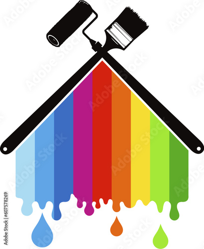 Roller and brush, house with waves of colored paint