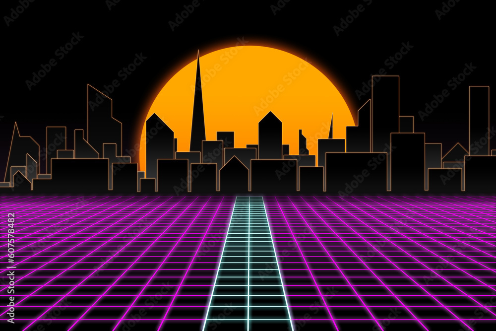 Sunset above a futuristic city on 3D grid