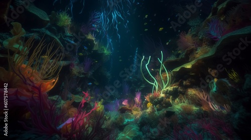 Psychedelic Ocean Floor: Immersive Dive into Vibrant Colors and Bioluminescent Wonders © Badtooth Trading Co.
