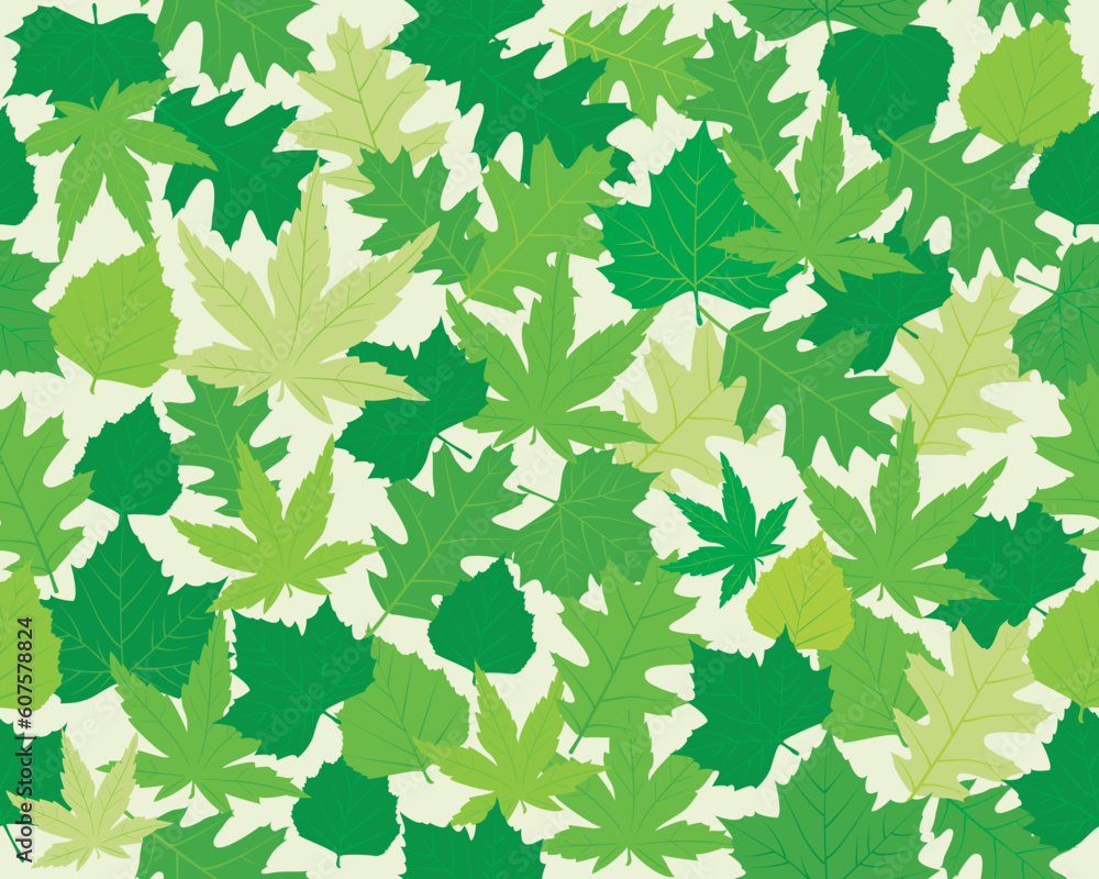 Seamless pattern with oak, maple, beech and chestnut leaves in various shades of green. 8 global colors. Seamless pattern with oak, maple, beech and chestnut leaves in various shades of green. 8 global colors.