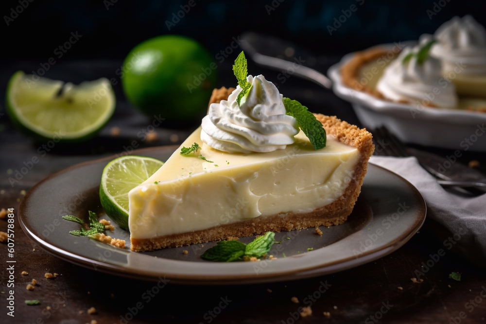 Key Lime Pie. Piece on a plate. Generative AI. Key Lime Pie. Piece on a plate. Generative AI.