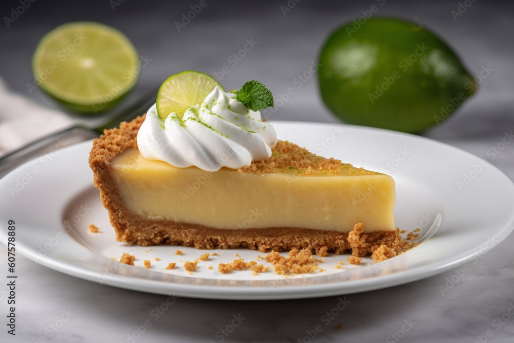 Key Lime Pie. Piece on a plate. Generative AI. Key Lime Pie. Piece on a plate. Generative AI.