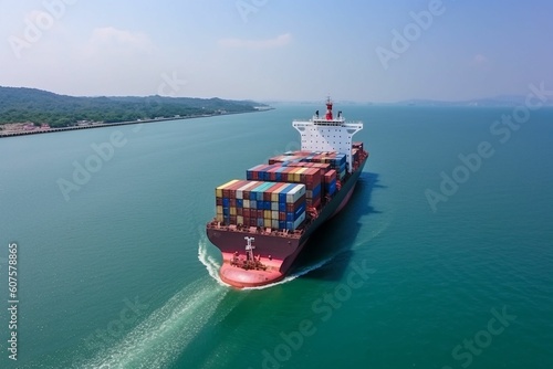 Panoramic aerial front view of a cargo ship carrying containers for import and export, business logistic and transportation in open sea with copy space 