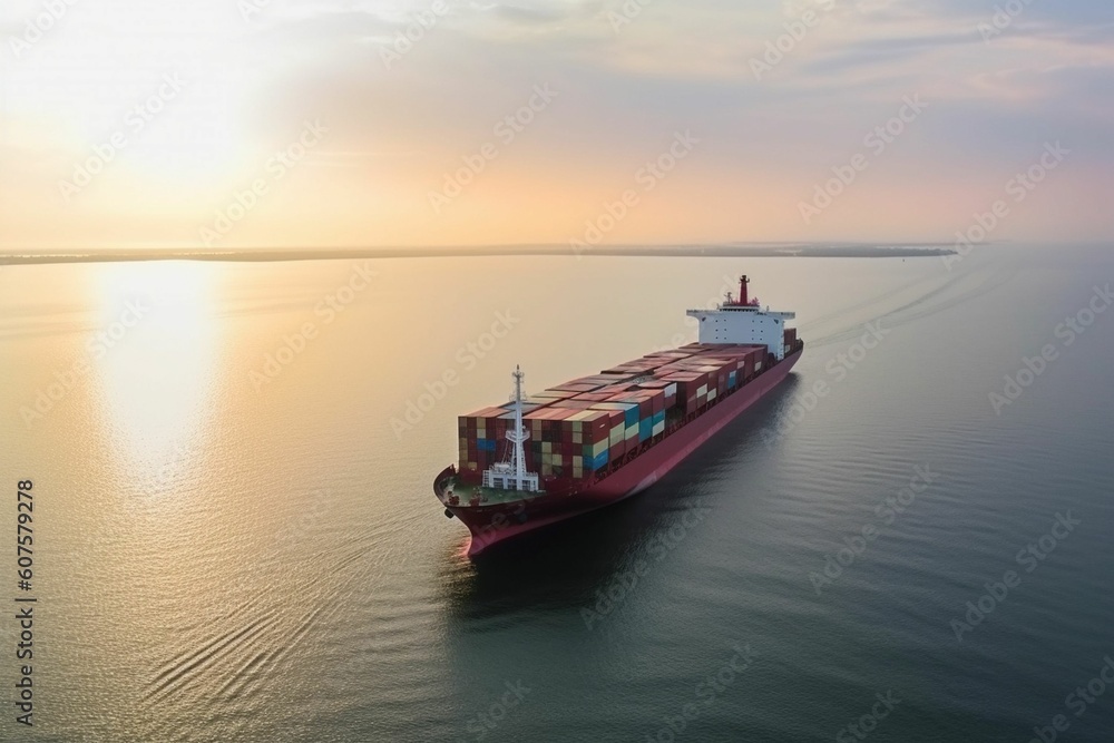 Panoramic aerial front view of a cargo ship carrying containers for import and export, business logistic and transportation in open sea with copy space  