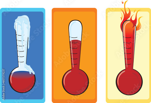 Set of three vector thermometers depicting cold, warm and hot temperatures