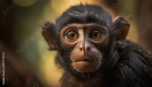 Cute young macaque staring at camera outdoors generated by AI