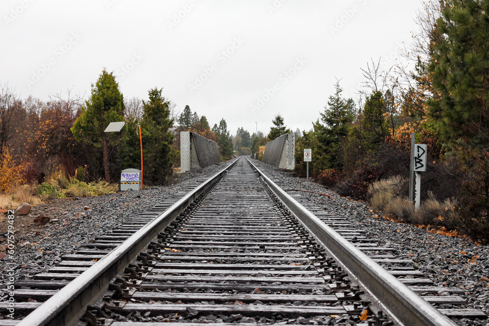 Walking on the railroad tracks in Shasta, California