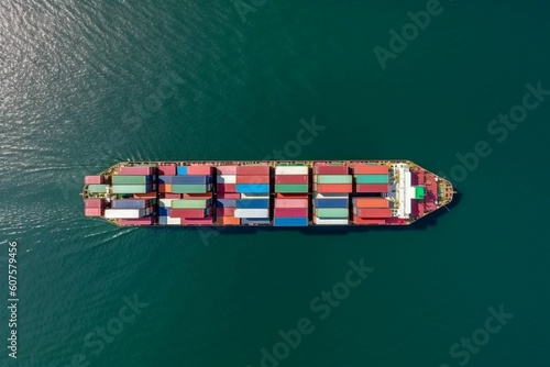 Aerial view of a cargo ship carrying containers for import and export, business logistic and transportation in open sea with copy space 